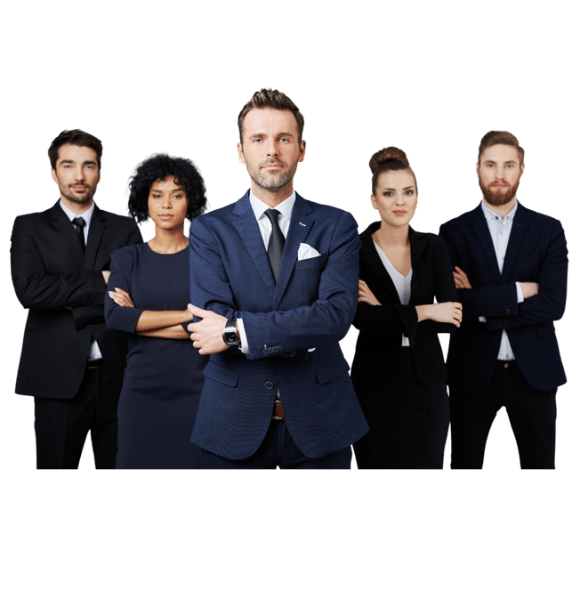 a group of business people standing in front of a colorful background