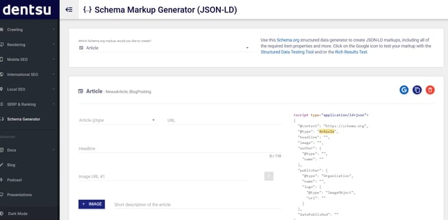 Screenshot of Merkle's Schema Markup Generator
