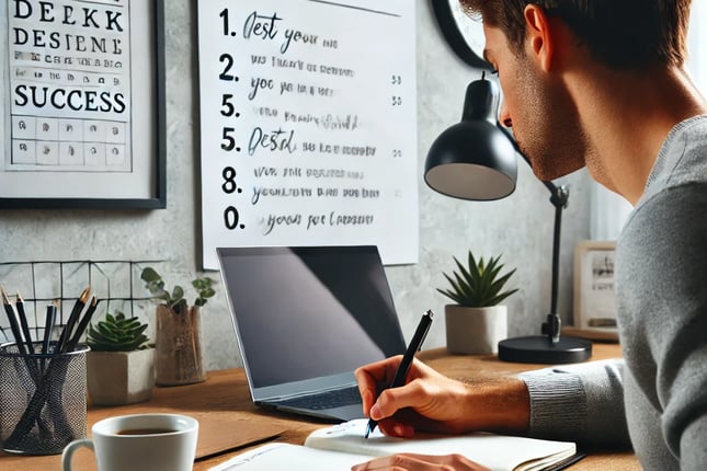 A determined person writing goals in a notebook at a clean and focused workspace with a motivational