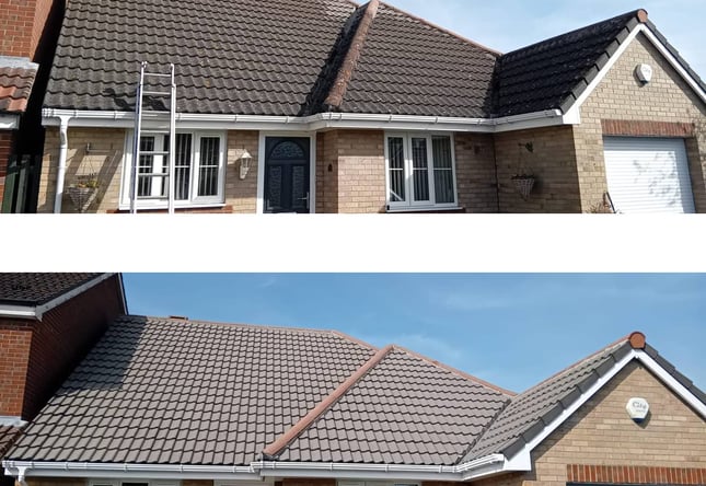Before and after of a bungalow roof cleaned by Venom Property Maintenance in Hull — moss, algae, and