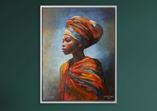 Portrait artwork framed in a sleek silver frame, providing elegant framing inspiration.