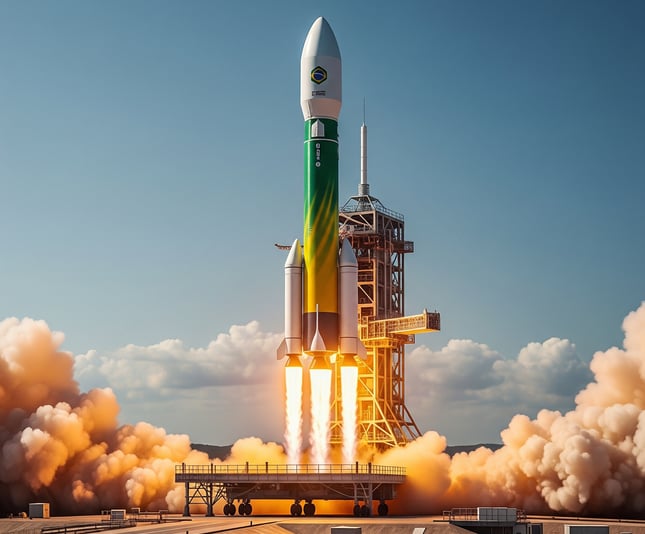 A imagem mostra um foguete moderno e potente, com um design aerodinâmico e as cores verde e amarelo 