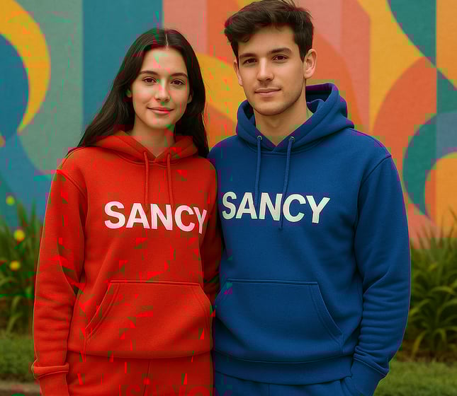 a man and woman in matching red and blue sweatshirts Manufactured By Sancy Exports