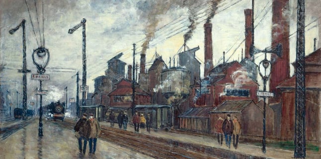 dessin d'une gare avec des cheminées pendant la révolution industrielle