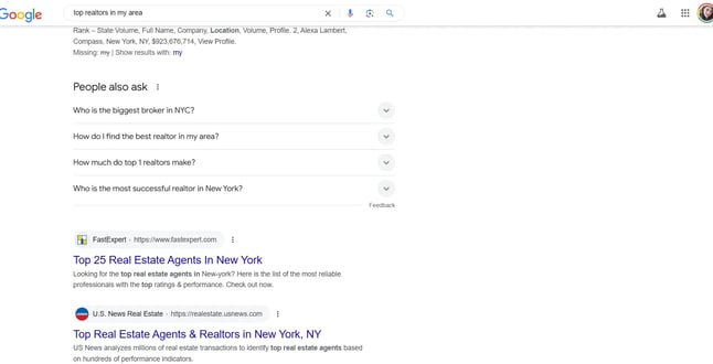 A search for top realtors in my area, highlighting the importance of having a real estate SEO strategy