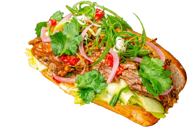 a sandwich with juicy pulled beef, red chillies, coriander, spring onions and pickled onions