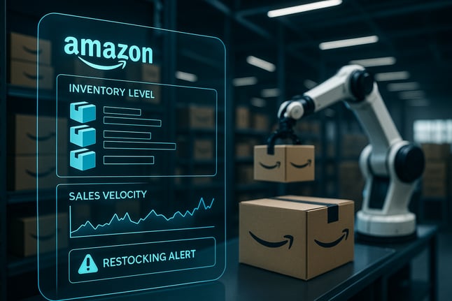 Interfaz holográfica mostrando la gestión de inventario y logística FBA en un almacén de Amazon.