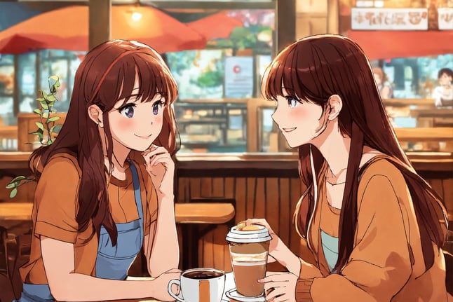 two girls sitting at a table with coffee