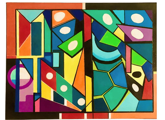 Mid-Century Colorful Abstract Painting—shapes of the 50s and colors of the 60s. Details are impeccable. Art By Frankie,
