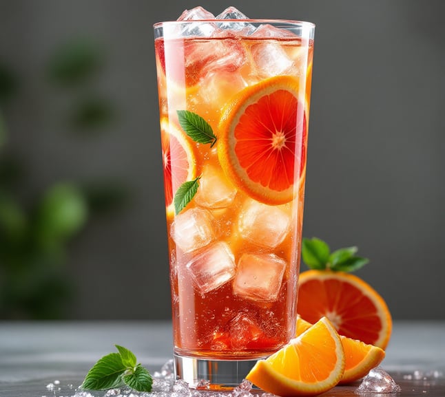a tall glass of Fruity Hibiscus Iced Tea with ice cubes and orange slices