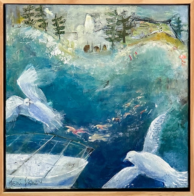A painting shows seagulls flying above blue-green water with a boat in the foreground. A pod squad of swimmers in front of pi