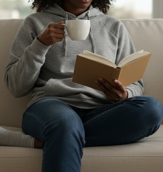 online business coach sitting on couch, sipping tea and reading a book
