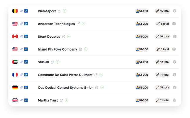 List of companies with country flags, LinkedIn links, company size, and number of tracked technologi