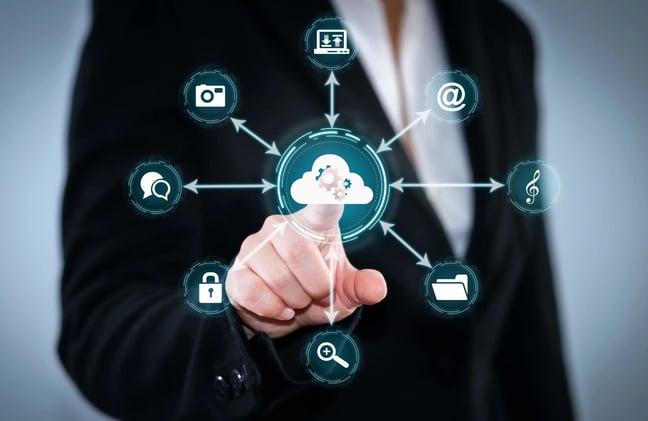 a person holding a cloud computing device with a cloud computing cloud