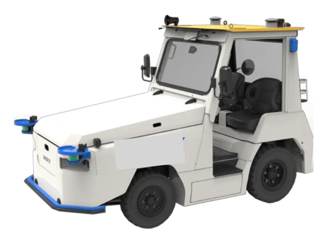 a white and blue utility vehicle with a yellow roof. Autonomous driving. Self driving. Logistics