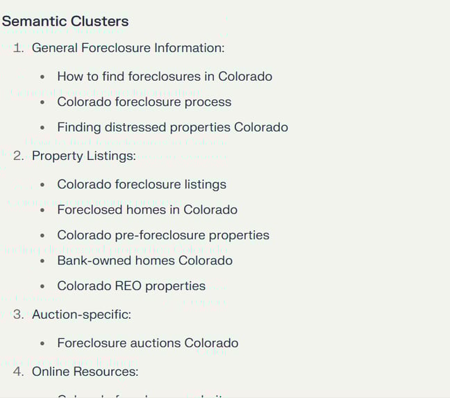 Screenshot on finding semantic clusters with AI in real estate content marketing