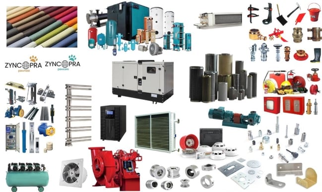 Portafolio de productos de Zyncopra: generadores, HVAC, textiles para el hogar y piezas metálicas.