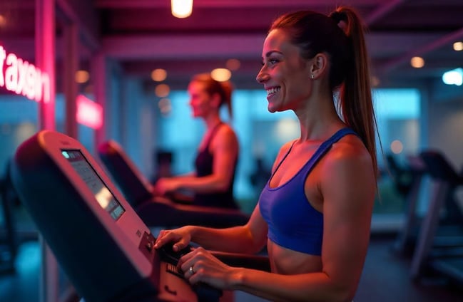 a woman in a blue top walking on a treadmill in a gym