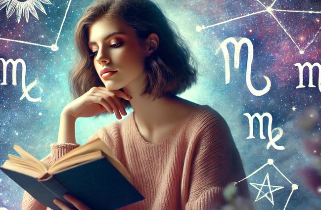 Garota lendo um livro de astrologia
