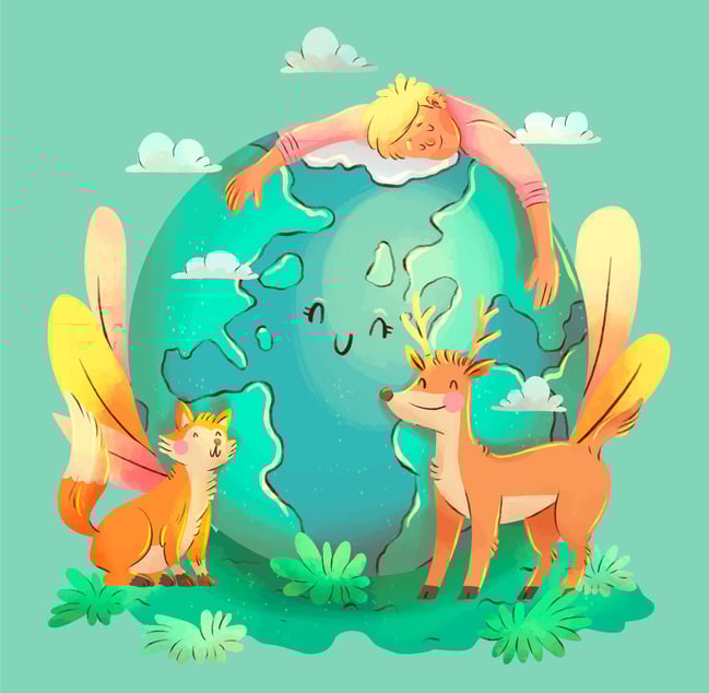 a human is laying on a globe lovely earth with a cat and a fox, deer, and lion.
