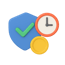 Shield, clock, and coin symbol