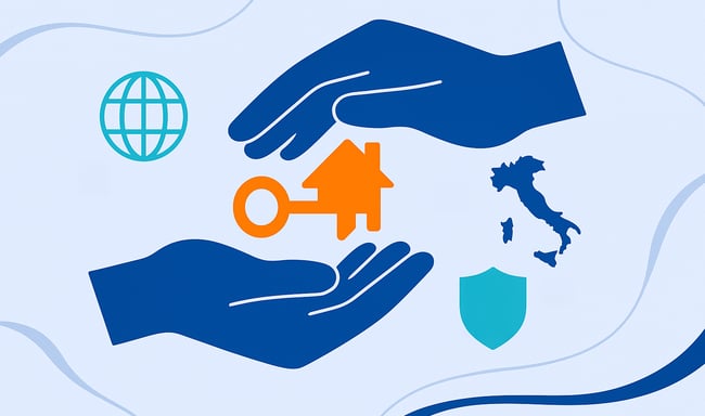 Illustrazione vettoriale in stile CAF Public che Rappresenta la gestione di un'eredità dall'estero con supporto esperto. 