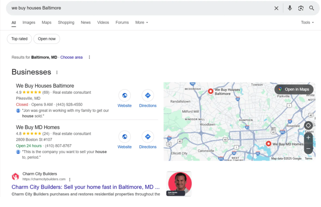 A screenshot showing the importance of optimizing for local search as a real estate investor