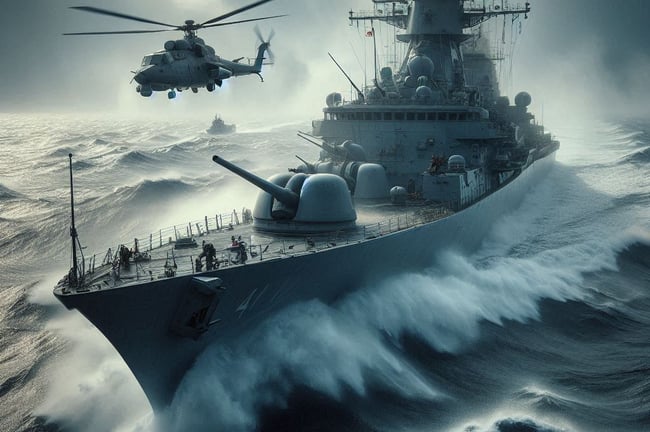 A helicopter flying off from a war ship in bad weather and heavy seas