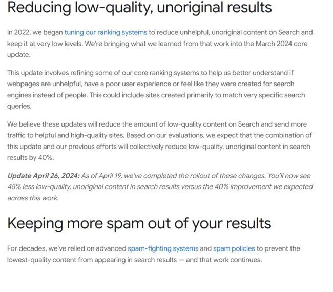 Screenshot showing Google's stance on AI content