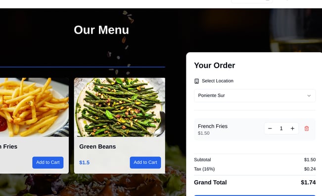 Menu para ordenar en linea, Web app, application en linea