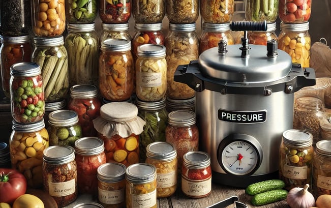 Assorted canning jars, pressure canner, and food supplies arranged for emergency preparedness