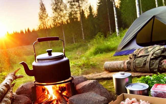 Wilderness campsite at sunrise with a campfire and cooking pot, ready for outdoor cooking and adventure