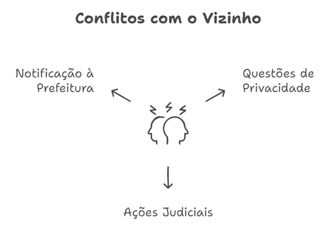 conflitos com o vizinho, notificação a prefeitura, questões de privacidade e ações judiciais
