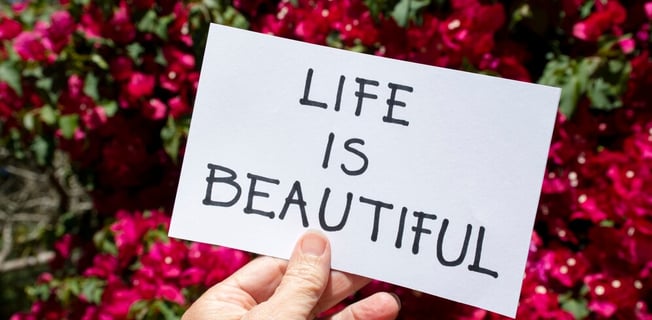 a person holding a sign that says life is beautiful