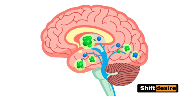 A simplified colorful illustration of a human brain with dopamine molecules highlighted,
