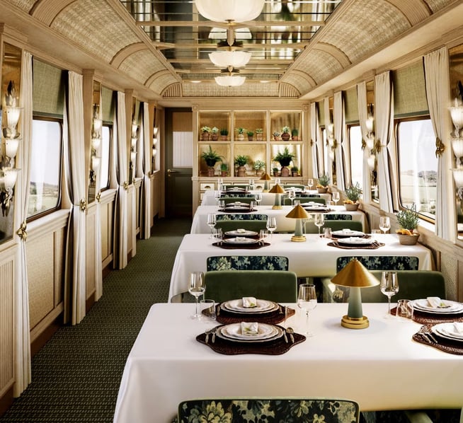 Luxury train dining car of the Britannic Explorer.