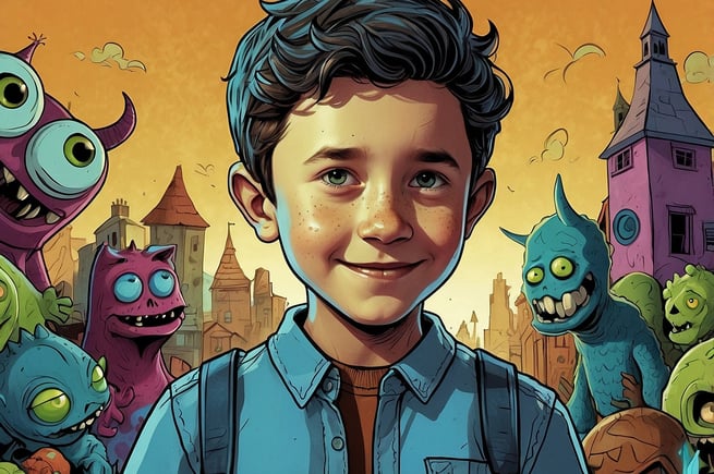 Portrait photo transformed into a young boy with a creepy face and a creepy face