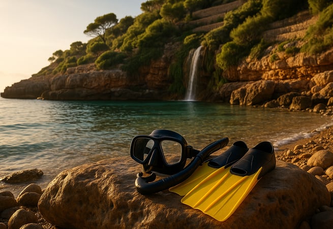 Vista panorámica de una cala escondida en Mallorca con aguas turquesas y acantilados – Maiorca Unlocked.