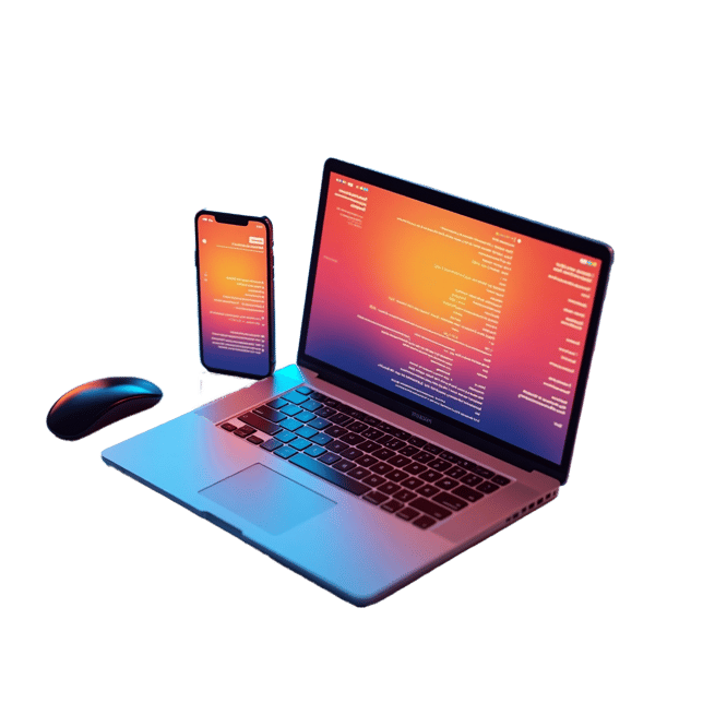 a laptop computer with a phone and a mouse