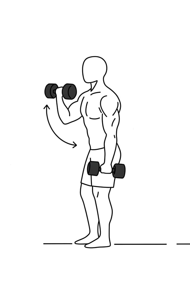 Ilustración lineal en blanco y negro de una persona realizando curl de bíceps con mancuernas