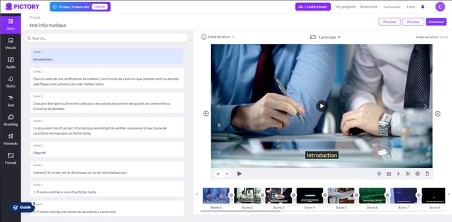 Pictory Ai : Once your video loads, access multiple tabs to modify and enhance it as needed.
