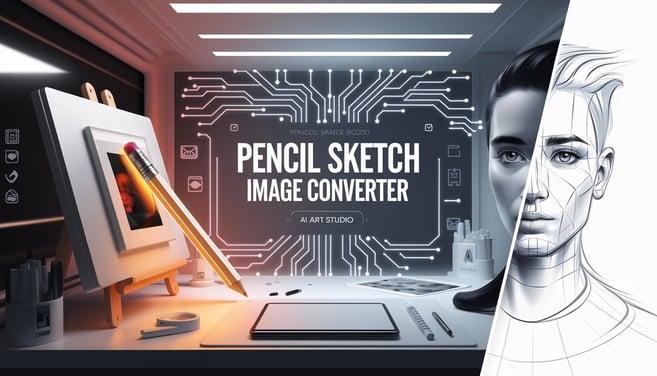AI Art Studio Pencil Sketch Image Converter – Transform photos into pencil drawings with advanced AI in a futuristic digital 