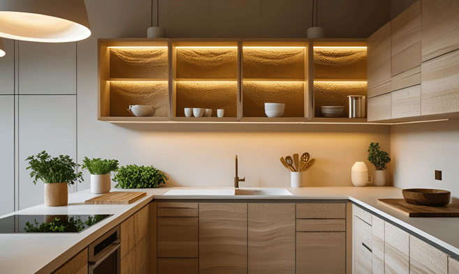 Open Shelving and Floating Cabinets in New Kitchen Design