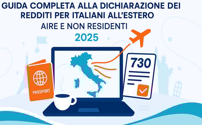 Illustrazione moderna CAF Public con scrivania ordinata, passaporto italiano e mappa per italiani all'estero