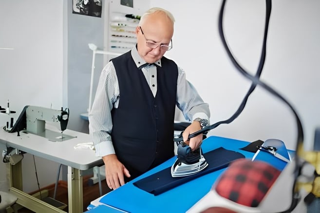 a tailor ironing and using sewing pressing tools