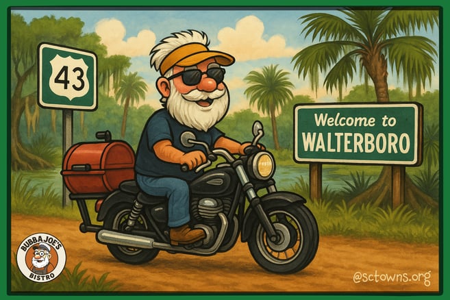 Bubba Joe on his motorcycle with a burnt-orange smoker trailer, crossing a wooden bridge into the mi