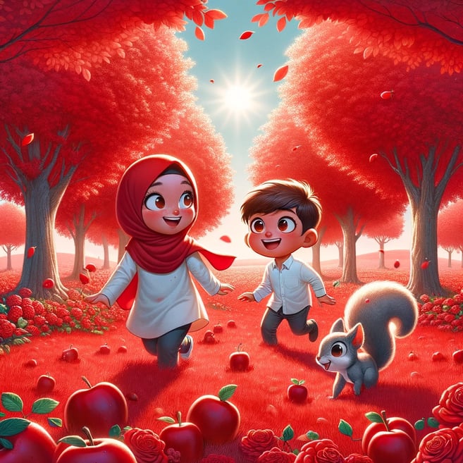 a boy and a girl are walking through a field of apples