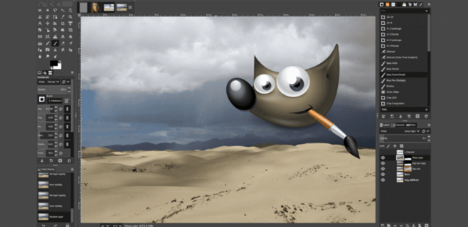 The GIMP Icon pictured on the GIMP Software Interface with a paint brush in his mouth