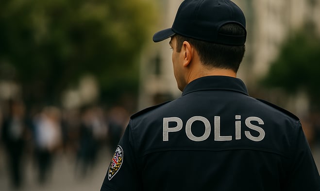 arkasını dönmüş polis kıyafetli biri