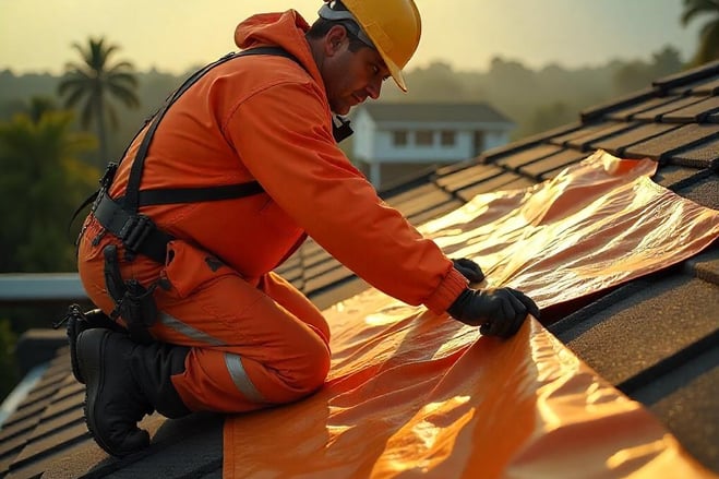 Technician performing professional roof repair services on a residential home in NJ